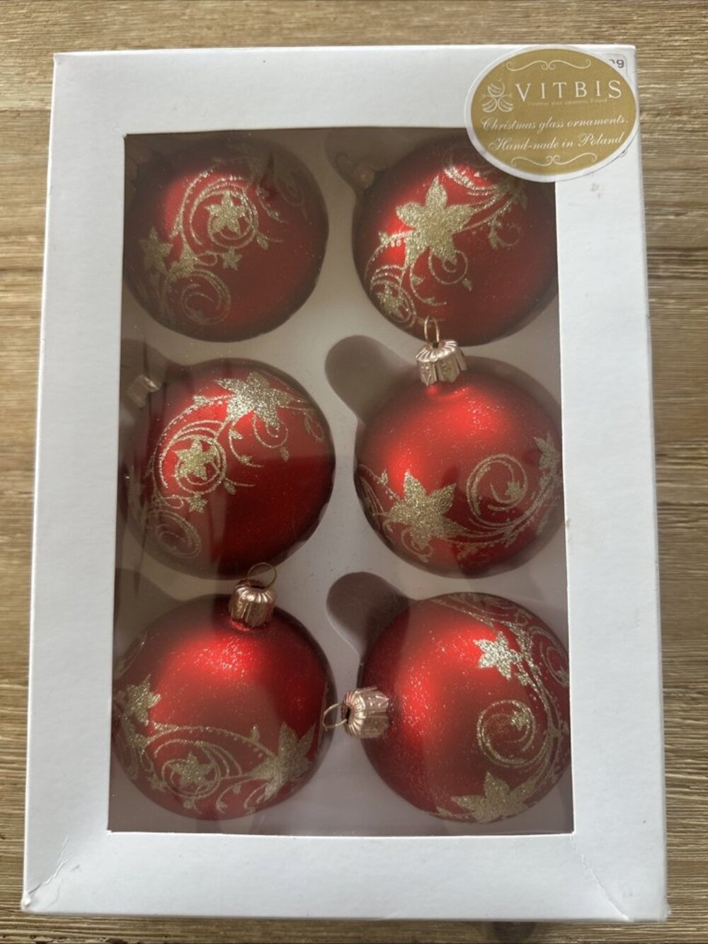 Vitbis Set of 6 Christmas Glass Ornaments Red And Gold Glitter Handmade Poland